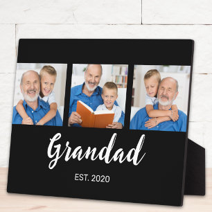Grandad Established Modern Script 3 Photo Black Plaque
