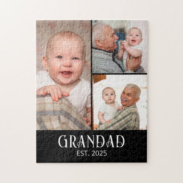 Grandad Established Modern Script 3 Photo Jigsaw Puzzle (Vertical)
