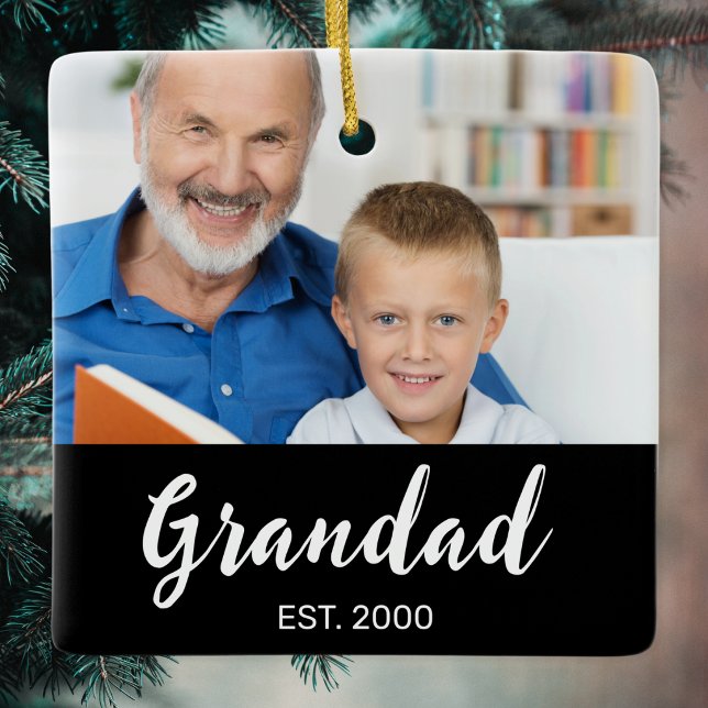 Grandad Established White Script Photo Black  Ceramic Ornament (Creator Uploaded)