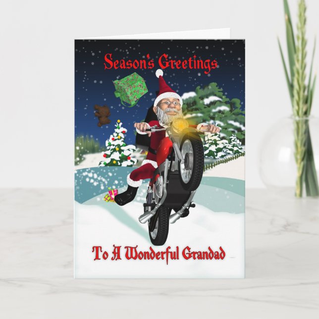 Grandad Motorcycle Santa With Flying Gifts Holiday Card (Front)