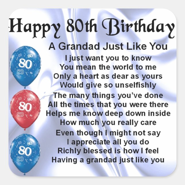 Grandad poem - 80th Birthday Design Square Sticker (Front)