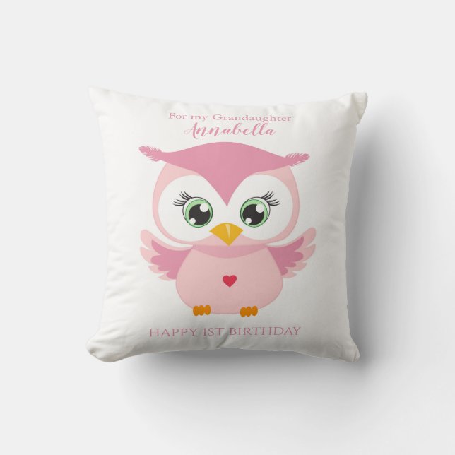 Grandaughter First Birthday Cute Pink Owl Cushion (Front)