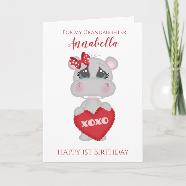 Grandaughter First Birthday Cute Red Hippo Photo Card (Front)