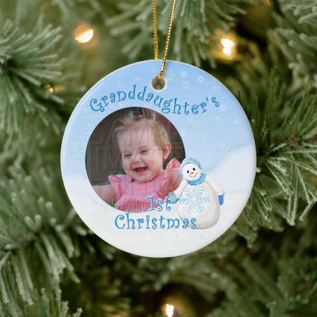 Grandaughter's 1st Christmas Snowman Round Photo Ceramic Tree Decoration (Tree)