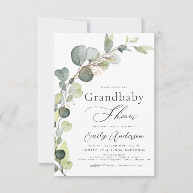 Grandbaby Shower Greenery Eucalyptus Invitations (Front)