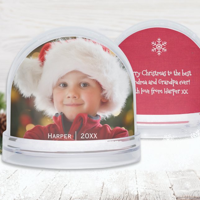 Grandchildren Keepsake Photo for Grandparents Snowglobe (A festive snow globe with custom photo, name and year on the front, personalized message on the back)