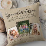 Grandchildren Poem 3 Photo Collage Beige Cushion<br><div class="desc">Custom photo pillow for grandparents or grandchildren. The poem reads "grandchildren fill a place in your heart you did not know was empty" and is lettered with elegant calligraphy and whimsical uppercase typography. The photo template is set up for you to add 3 of your favourite pictures, which are displayed...</div>