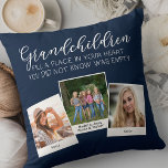 Grandchildren Poem 3 Photo Collage Navy Blue Cushion<br><div class="desc">Custom photo pillow for grandparents or grandchildren. The poem reads "grandchildren fill a place in your heart you did not know was empty" and is lettered with elegant calligraphy and whimsical uppercase typography. The photo template is set up for you to add 3 of your favourite pictures, which are displayed...</div>