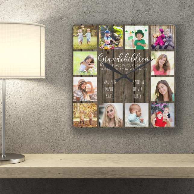 Grandchildren Quote 12 Photo Brown Wood Custom Square Wall Clock (Creator Uploaded)