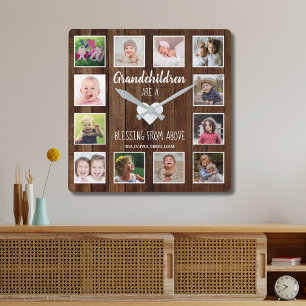 Grandchildren Quote 12 Photo Collage Pallet Wood Square Wall Clock