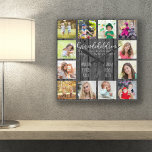 Grandchildren Quote 12 Photo Grey Wood Square Wall Clock<br><div class="desc">Photo clock for grandparents with 12 of your favourite pictures. Create your own grid style photo collage and add the grandchildren's names (2 to 8 names looks best). The wording reads "Grandchildren fill a place in your heart you did not know was empty" in hand lettered quirky uppercase and elegant...</div>
