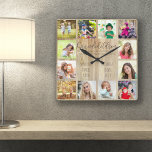 Grandchildren Quote 12 Photo Wood Custom Square Wall Clock<br><div class="desc">Photo clock for grandparents with 12 of your favourite pictures. Create your own grid style photo collage and add the grandchildren's names (2 to 8 names looks best). The wording reads "Grandchildren fill a place in your heart you did not know was empty" in hand lettered quirky uppercase and elegant...</div>