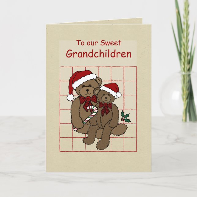Grandchildren Teddy Bears Wishing Happy Holidays Card (Front)