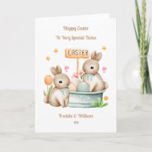 Grandchildren Twin Boys Easter Bunny Rabbit Card