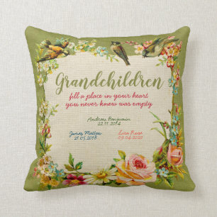 Grandchildren - vintage NAMES birds & flowers Cushion