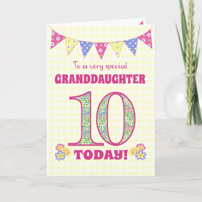 Granddaughter 10th Birthday Primroses Bunting Card (Front)