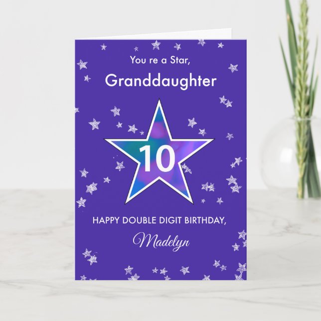 Granddaughter 10th Birthday Shining Star in Purple Card (Front)