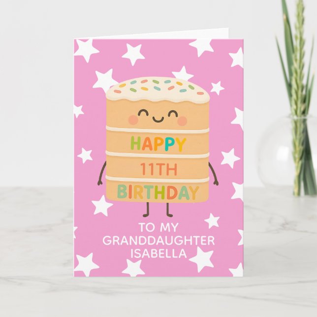 Granddaughter 11th Birthday Pink Cute Cake Custom Card (Front)