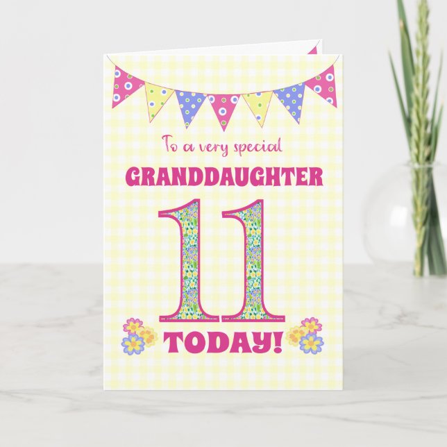 Granddaughter 11th Birthday Primroses Bunting Card (Front)