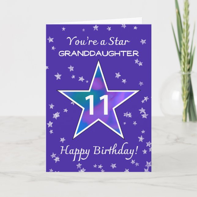 Granddaughter 11th Birthday Shining Star Purple Card (Front)