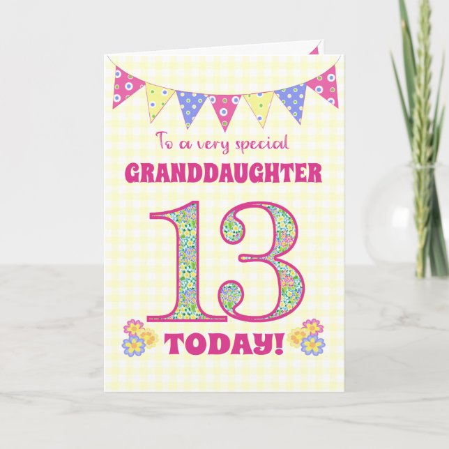 Granddaughter 13th Birthday Primroses Bunting Card (Front)
