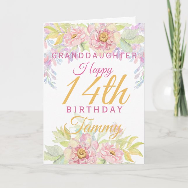 Granddaughter 14th Birthday Pink Rose Floral Card (Front)