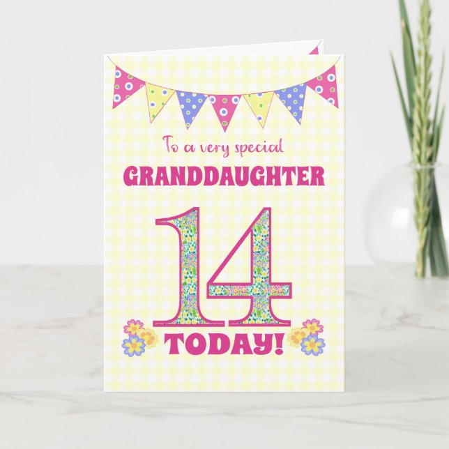 Granddaughter 14th Birthday Primroses Bunting Card (Front)