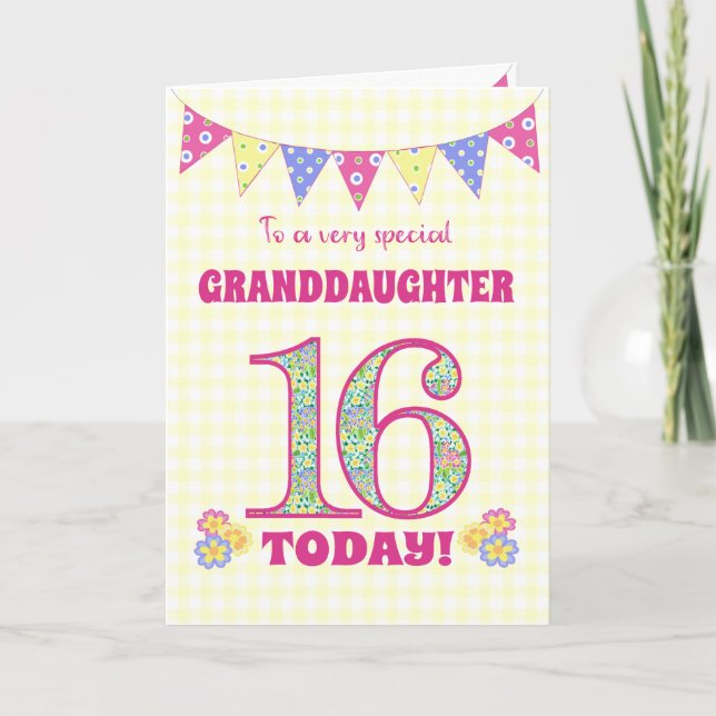 Granddaughter 16th Birthday Primroses Bunting Card (Front)