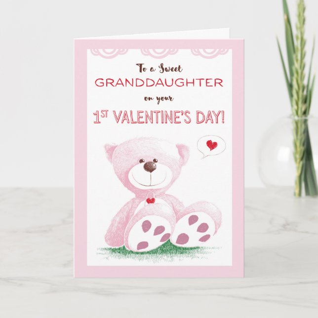 Granddaughter, 1st Valentine's Day, Pink Teddy Bea Holiday Card (Front)