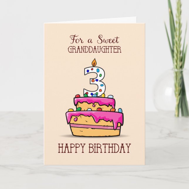 Granddaughter 3rd Birthday, 3 on Sweet Pink Cake Card (Front)