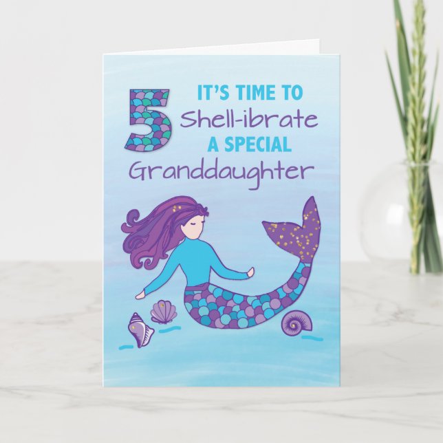 Granddaughter 5th Birthday Sparkly Look Mermaid Card (Front)