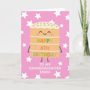 Granddaughter 6th Birthday Pink Cute Cake Custom Card