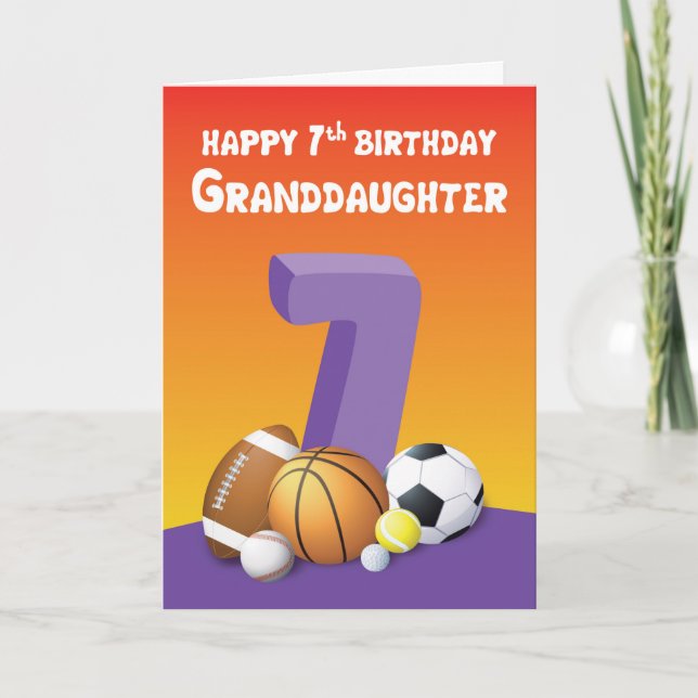 Granddaughter 7th Birthday Sports Balls Card (Front)