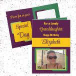 Granddaughter add name photo plum yellow birthday card<br><div class="desc">For a lovely granddaughter birthday card.
Personalise this Greetings Card with a photo and a name.
Designed in plum,  yellow and green.</div>