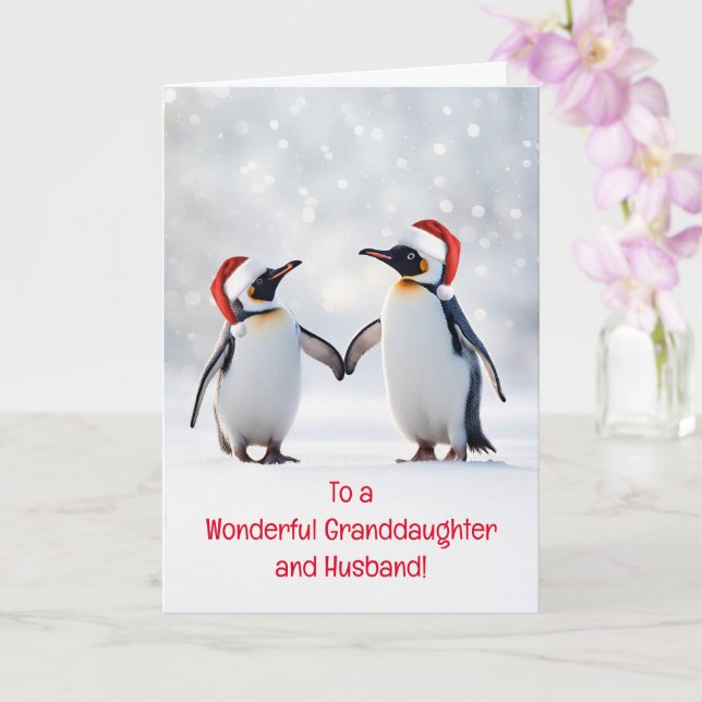 Granddaughter and Husband Cute Couple of Penguins Card (Orchid)