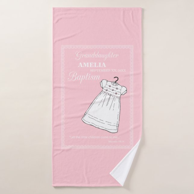 Granddaughter, Baptism Gown on Pink Personalised Bath Towel (Bath Towel)
