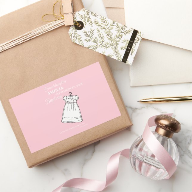 Granddaughter, Baptism Gown on Pink Personalised Rectangular Sticker (Gifting)