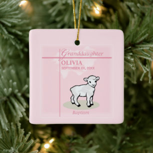Granddaughter Baptism Pink Girl Lamb Name and Date Ceramic Ornament