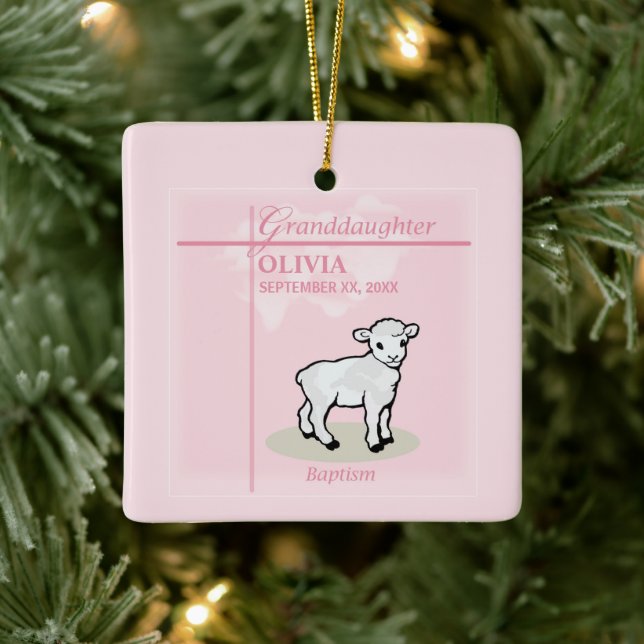 Granddaughter Baptism Pink Girl Lamb Name and Date Ceramic Ornament (Tree)