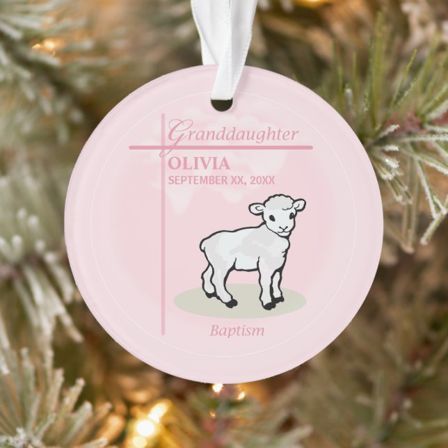 Granddaughter Baptism Pink Girl Lamb Name and Date Ornament (Tree)