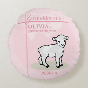 Granddaughter Baptism Pink Girl Lamb Name and Date Round Cushion