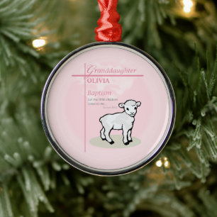 Granddaughter Baptism Pink Lamb Personalised Metal Tree Decoration