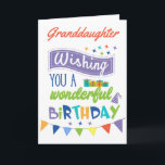 Granddaughter Birthday Card<br><div class="desc">Wishing your granddaughter a wonderful birthday i n style. This bright and colourful card is suitable for a wide range of ages. Features cute typography in a mix of blue,  purple and green colours. Small gifts,  pennants and stars add to the birthday celebration. 
Name and message can be changed.</div>