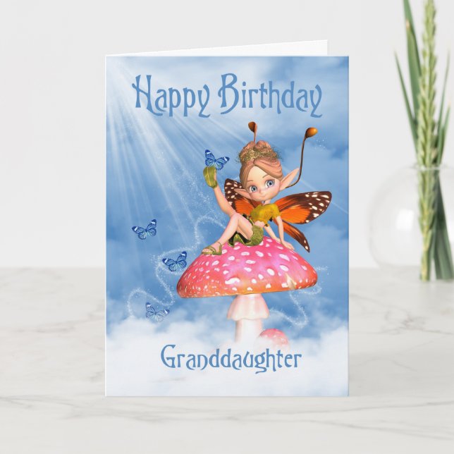 Granddaughter Birthday Card - Cute Fairy On A Mush (Front)