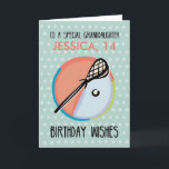 Granddaughter Birthday, Lacrosse Sport, Personaliz Card<br><div class="desc">For the sports lover,  this lacrosse card for your granddaughter's 14th birthday will delight her as you wish 
her a winning day! Personalize with her name and age. The background has soft stars behind the ball and lacrosse stick.</div>