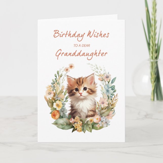 Granddaughter Birthday With Cute Cat in Wreath Card (Front)