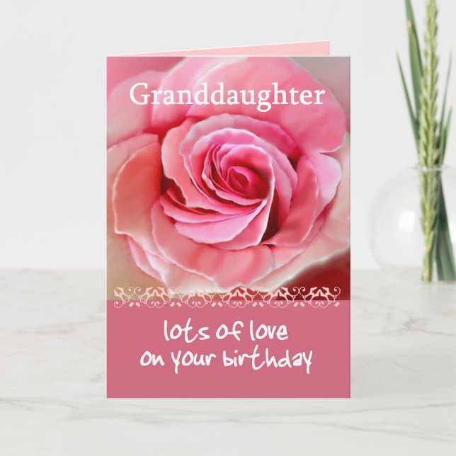 GRANDDAUGHTER Birthday with Pink Rose and Lace Card (Front)