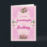 Granddaughter Birthday with Pink Roses Card<br><div class="desc">A pretty birthday card for a granddaughter. An elegant tracery in pink sets of the four pink roses. The background is a pale pink pattern of flowers. A lovely card to send to a granddaughter on her birthday.</div>