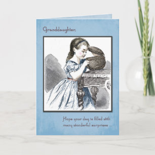 Granddaughter Birthday with Vintage Girl, Basket Card