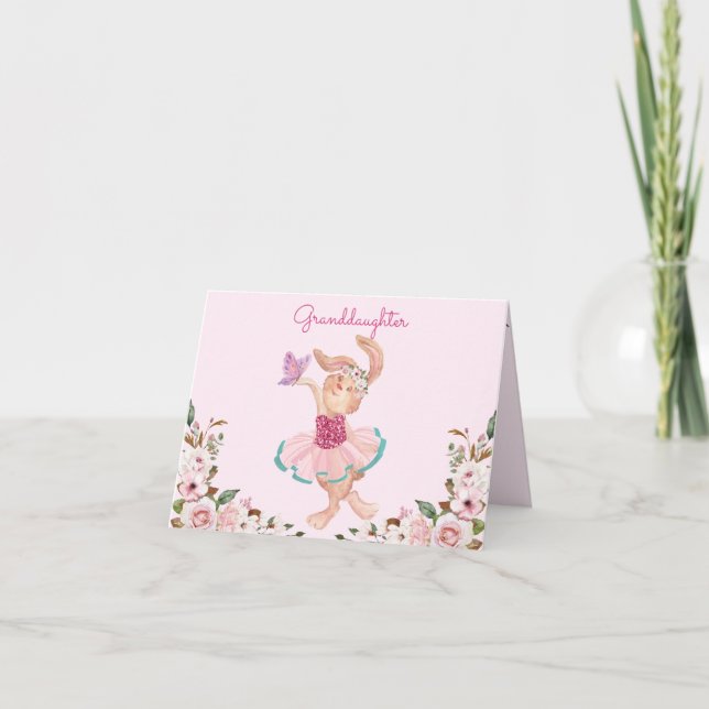 Granddaughter Bunny Ballerina Pink Girly Floral Holiday Card (Front)
